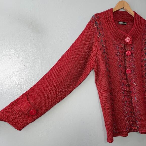 Gizel Cardigan Plus Size 1X Artsy Red Button Sweater Lagenlook Wearable Art - Picture 2 of 9